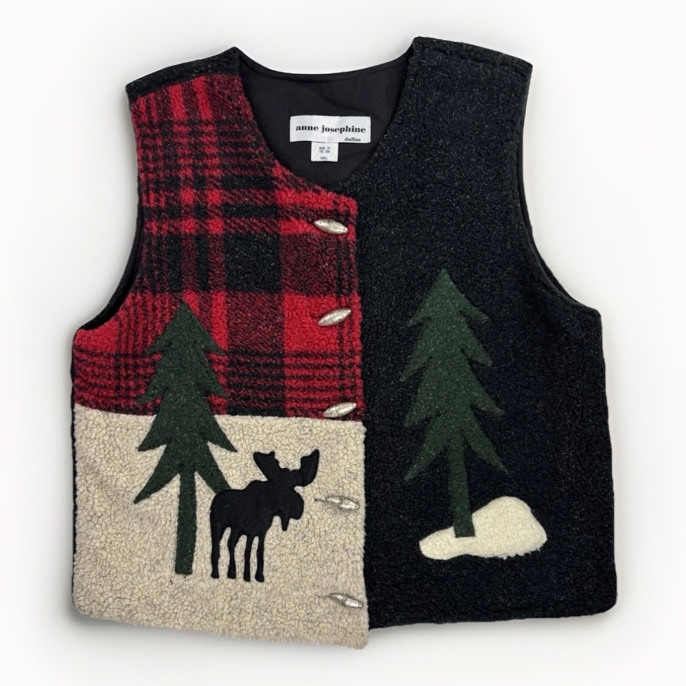 Anne Josephine Vest Women Small Black Red Plaid Moose Cabin Lodge Toggle